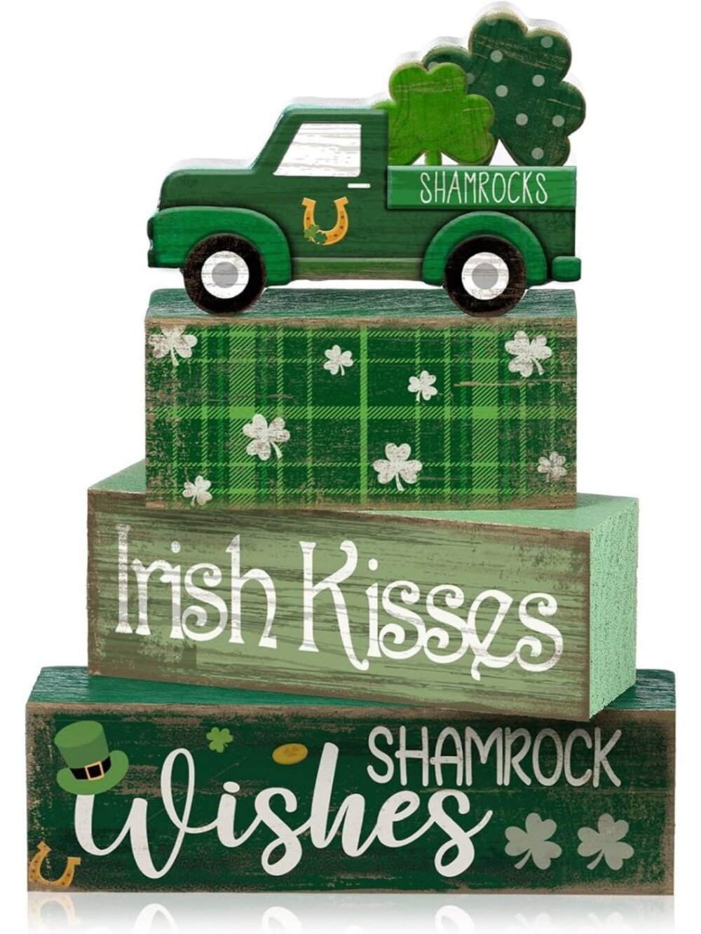 4 Pcs St. Patrick's Day Wooden Shamrock Decor - Irish Tiered Tray Centerpiece